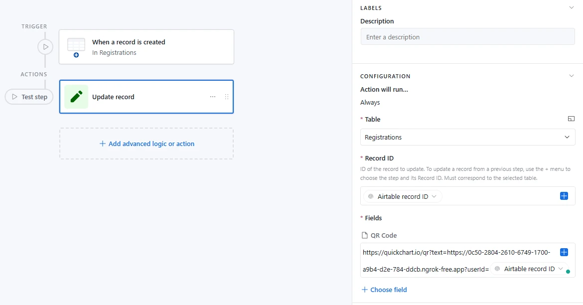 Airtable automation to attach the QR Code to the guest record.