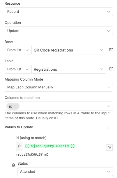 Mappings of the Airtable record status update